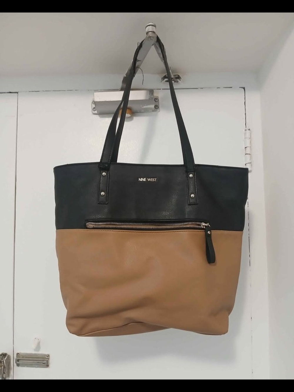 Nine West Black and Tan Colorblock Faux Leather Tote
